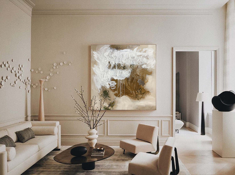 Beige Abstract Wall Art Acrylic Painting Modern Large Livingroom Canvas Wall Art For Sale