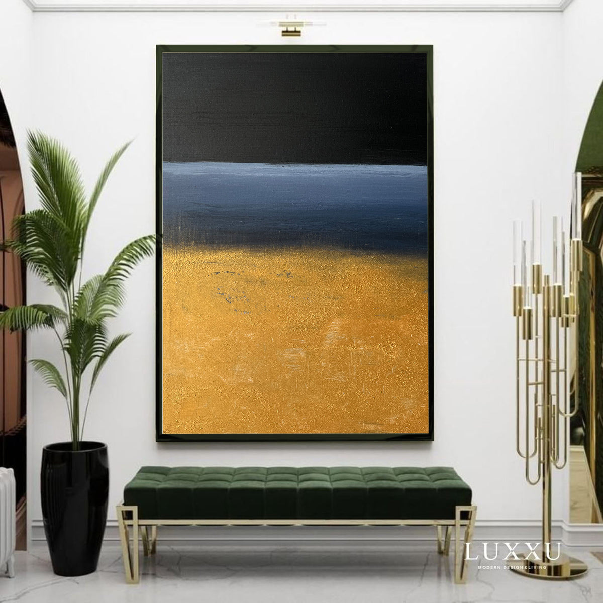 Modern Black Gold Blue Minimalist Painting Abstract Oil Painting Canvas Wall Art For Sale