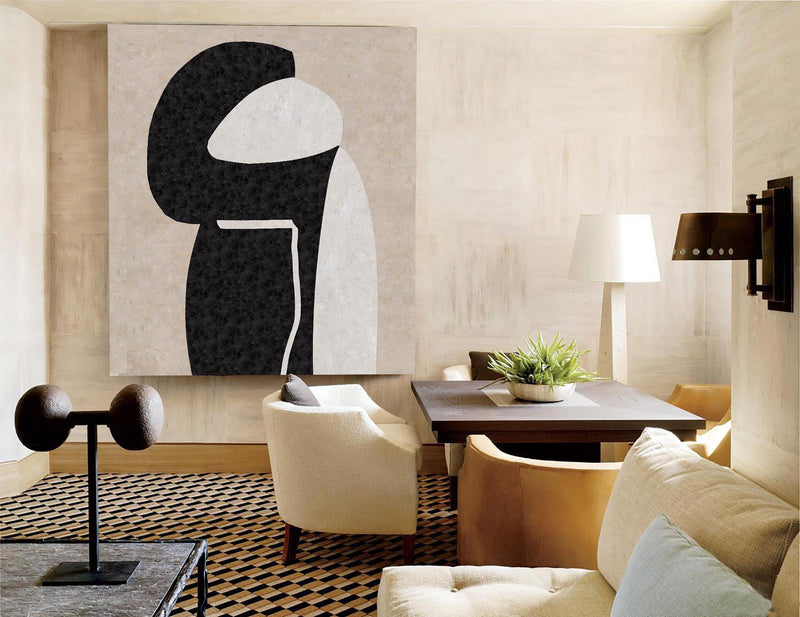 Modern Minimalist Painting Black White And Beige Cool Line Abstract Minimalist Painting For Living Room Geometric Acrylic Painting Ideas