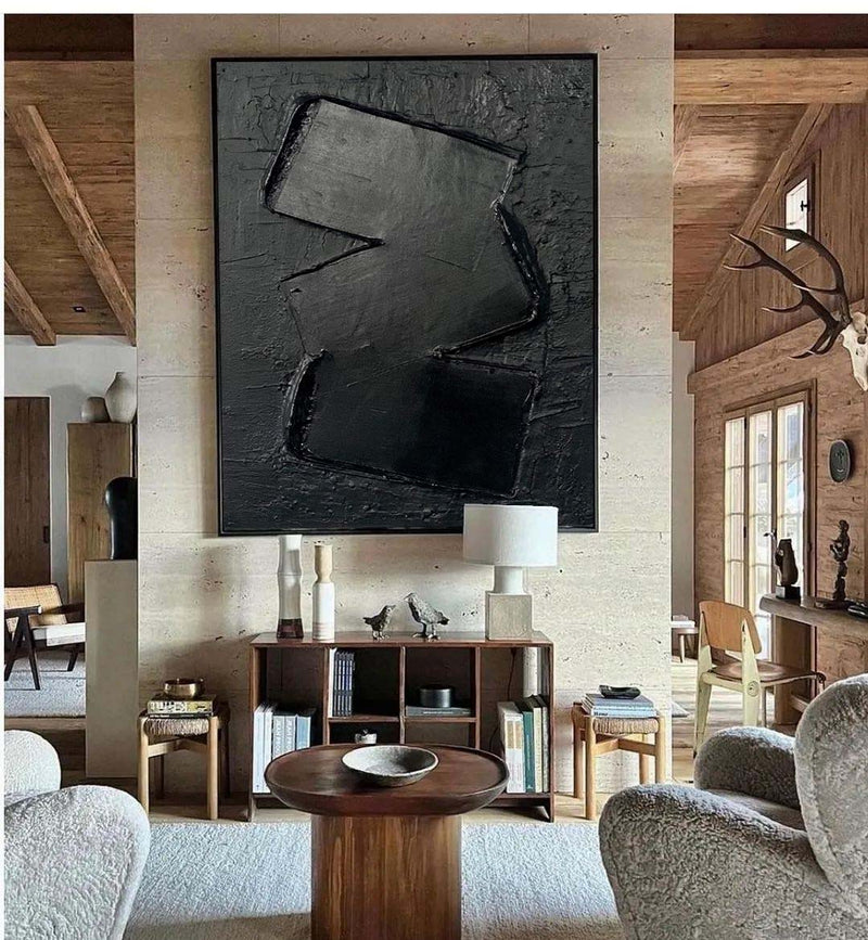 Black 3D Textured Canvas Art Black 3D Minimalist Painting Large Black Minimalist Wall Art