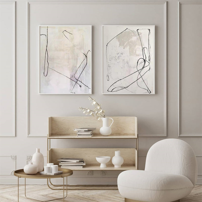 Modern Black Line Abstract Wall Art Set Of 2 Beige Minimalist Painting Beige And White Minimalist Wall Art For Sale