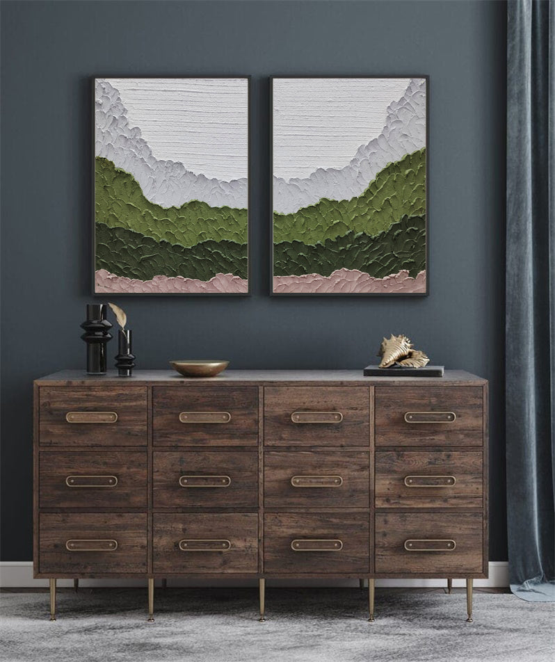 Modern Large Wall Art For Interior Green Textured Minimalist Abstract Art Set Of Two Wall Art For Home Decor
