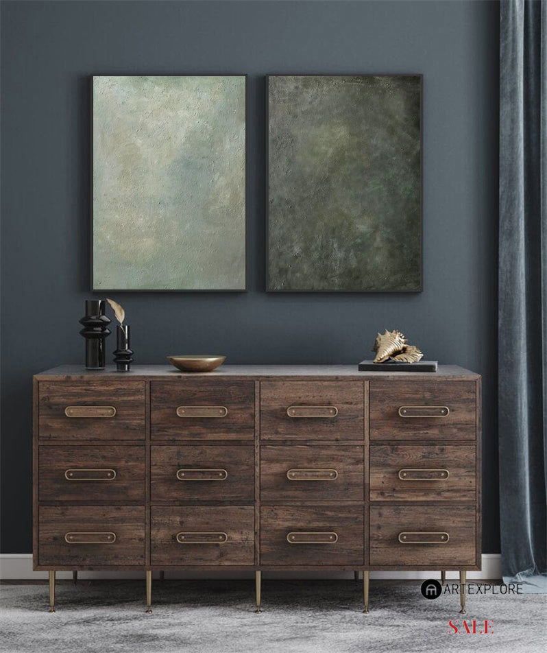 Set of 2 Modern Green Minimalist Canvas Art Pure Dark Green Painting 2 Pieces Canvas Wall Art