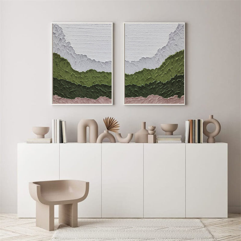 Modern Large Wall Art For Interior Green Textured Minimalist Abstract Art Set Of Two Wall Art For Home Decor