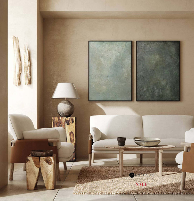 Set of 2 Modern Green Minimalist Canvas Art Pure Dark Green Painting 2 Pieces Canvas Wall Art