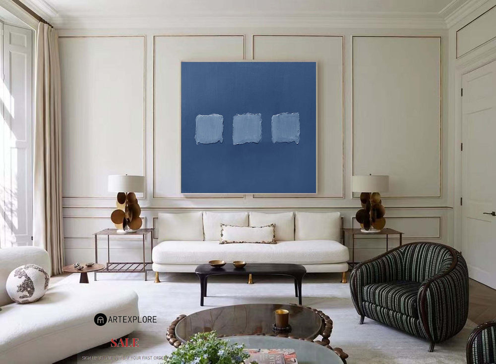 Modern 3D Texture Painting Minimalist Canvas Wall Art Wabi-Sabi Blue Abstract Painting