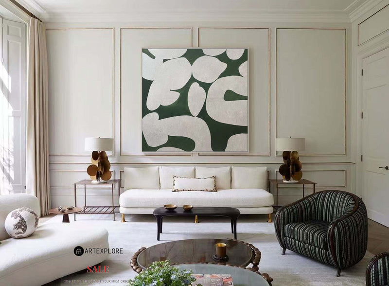 Large Green Square Abstract Art Modern Green White Painting Framed Canvas Painting