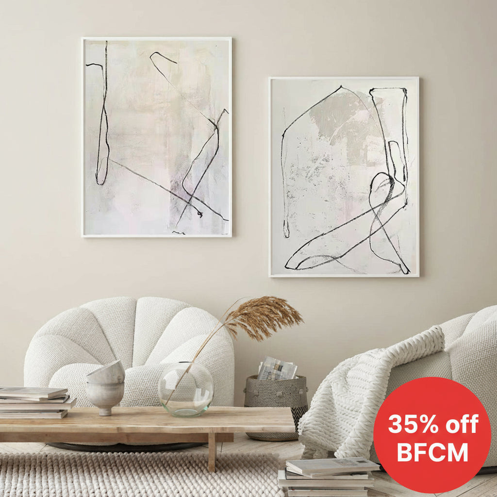 Modern Black Line Abstract Wall Art Set Of 2 Beige Minimalist Painting Beige And White Minimalist Wall Art For Sale