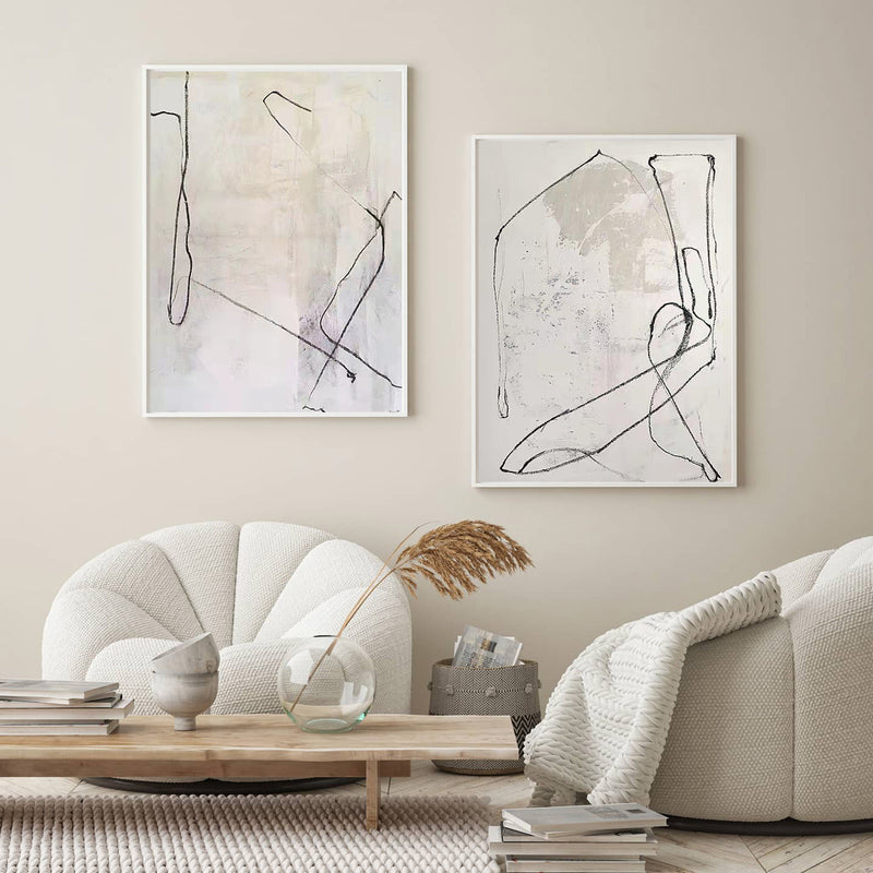 Modern Black Line Abstract Wall Art Set Of 2 Beige Minimalist Painting Beige And White Minimalist Wall Art For Sale