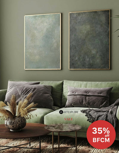 Set of 2 Modern Green Minimalist Canvas Art Pure Dark Green Painting 2 Pieces Canvas Wall Art