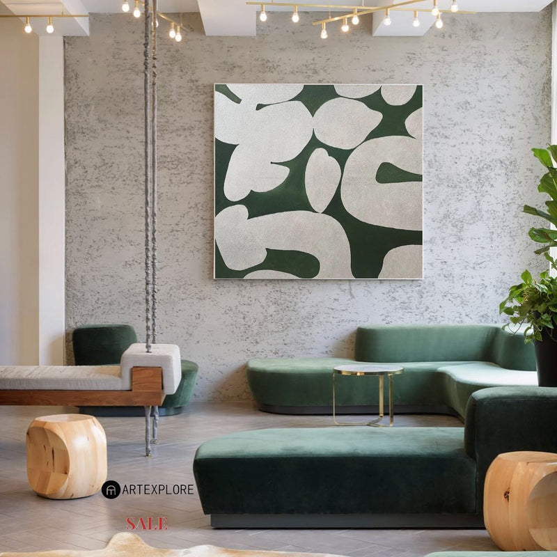 Large Green Square Abstract Art Modern Green White Painting Framed Canvas Painting