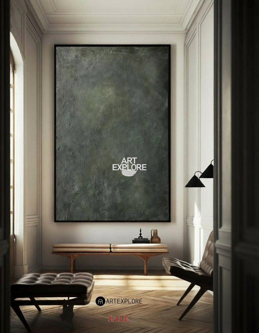 Modern Green Minimalist Canvas Art Pure Dark Green Painting Abstract Wall Art For Sale