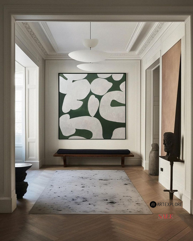 Large Green Square Abstract Art Modern Green White Painting Framed Canvas Painting