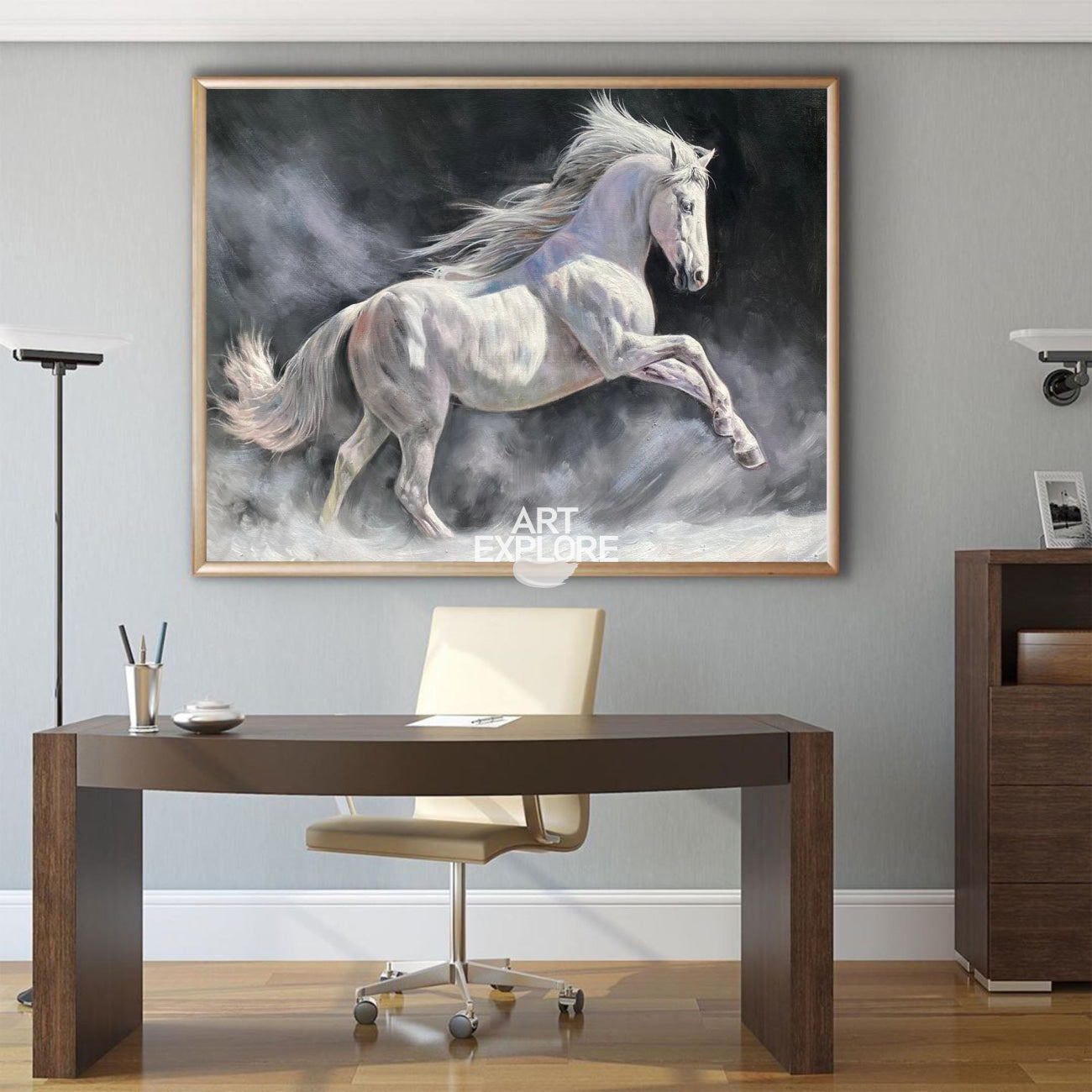 Modern Wild Running Horses Canvas Wall Art Extra Large White Horse Acrylic Painting For Sale