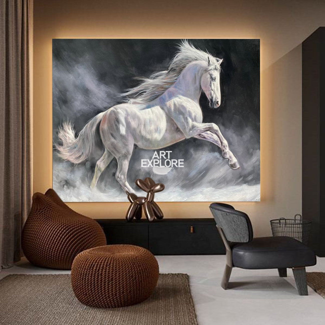 Modern Wild Running Horses Canvas Wall Art Extra Large White Horse Acrylic Painting For Sale