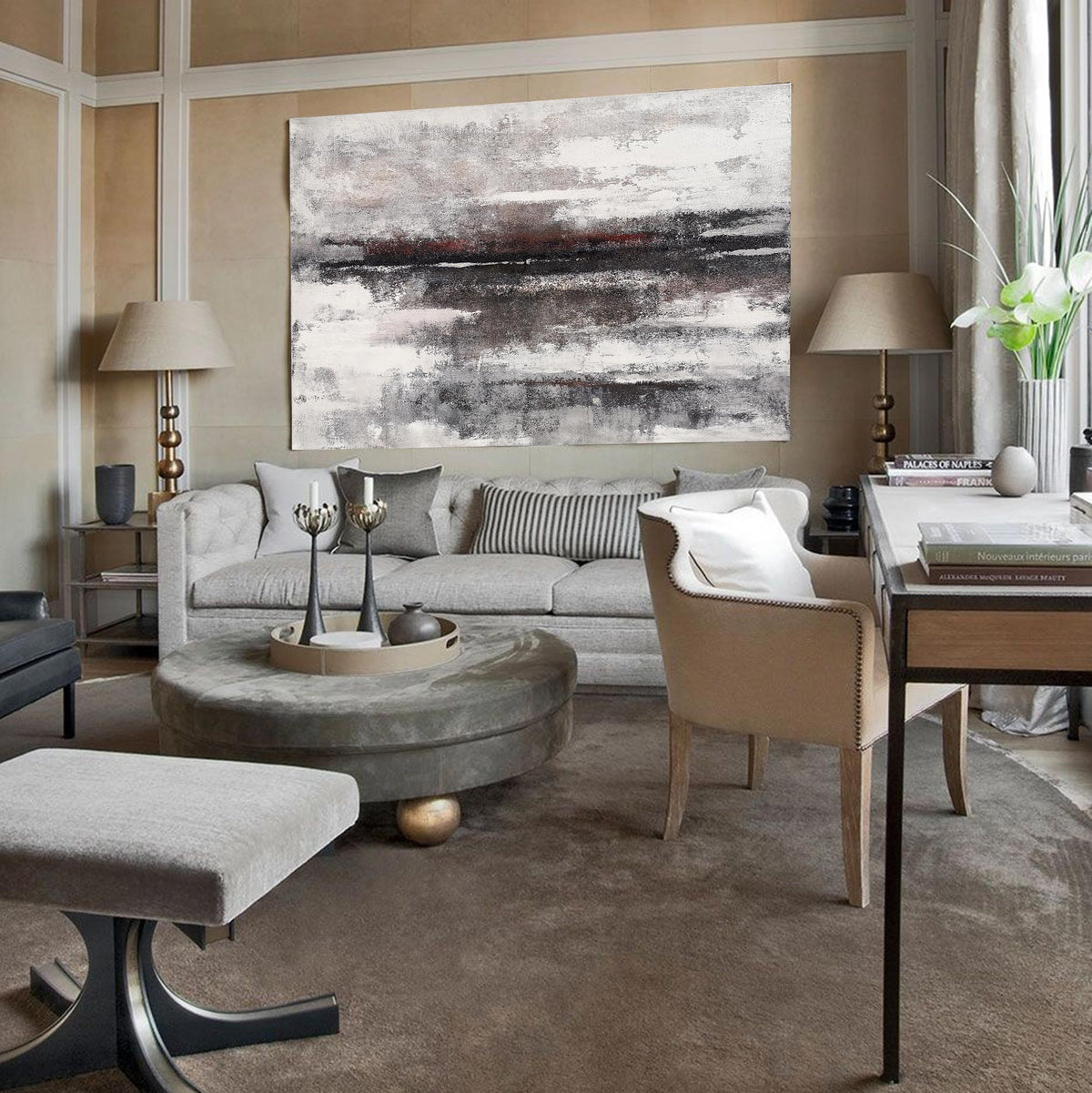 Large Beach Scene Painting On Canvas Huge Gray And White Abstract Canvas Art