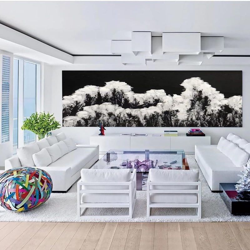 Large Black White Ocean Wave Abstract Painting Panoramic Wall Art Huge Canvas Art For Living Room